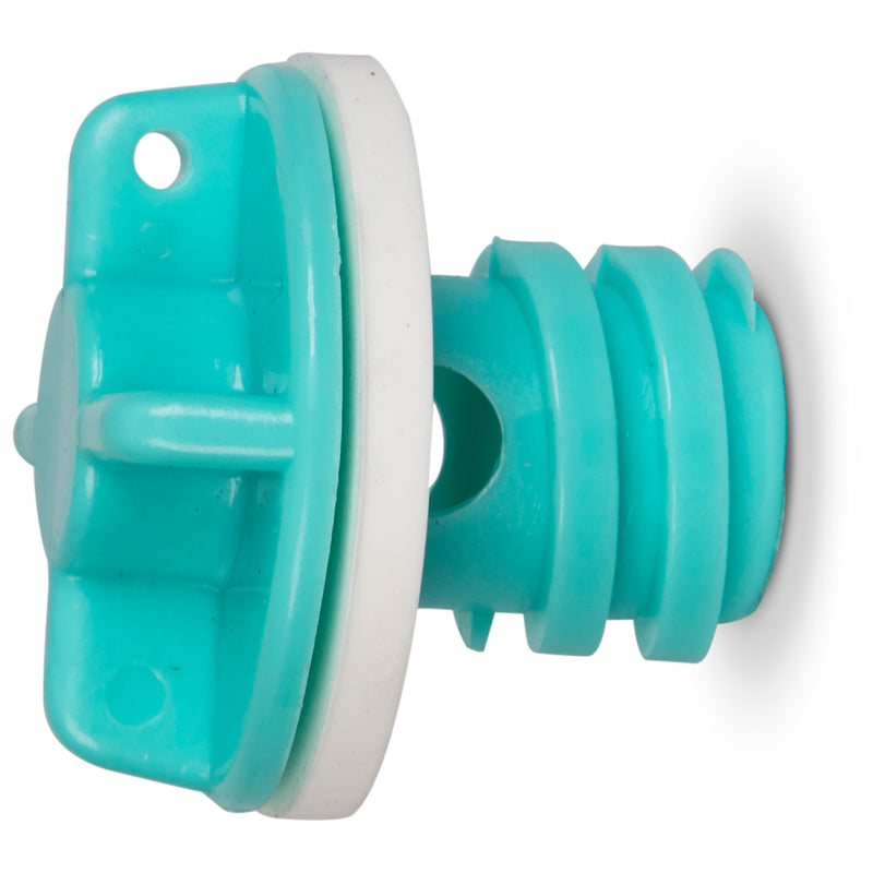 A blue plastic Engel Coolers replacement drain plug with a white hole on it.