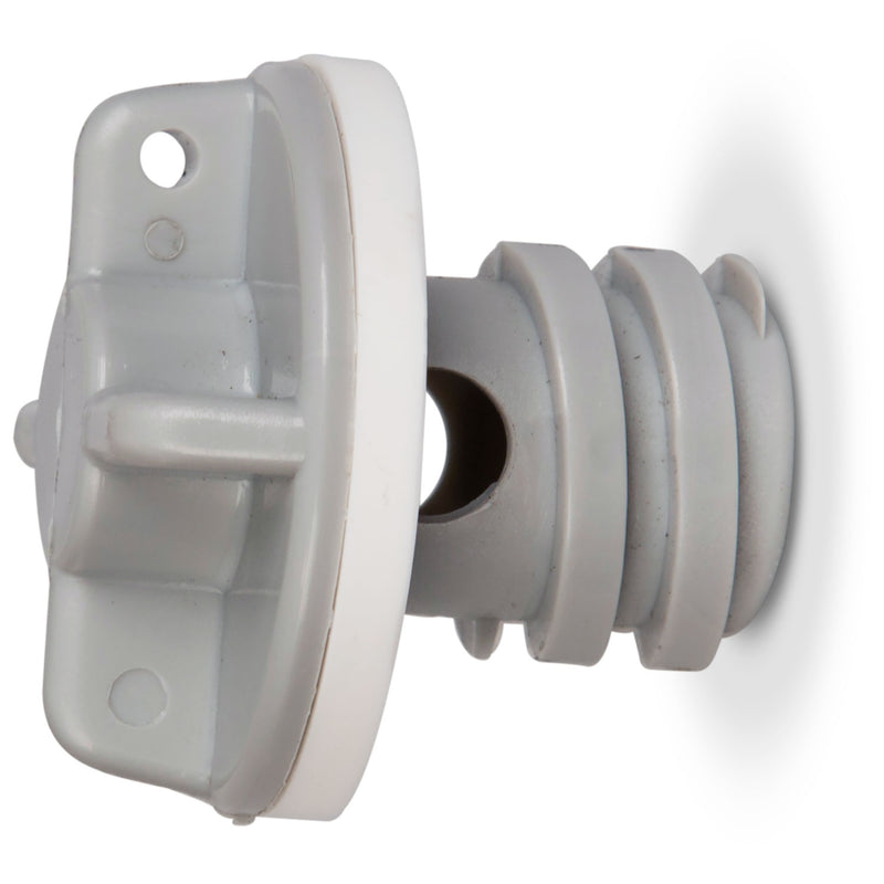 A replacement drain plug for Engel Coolers High-Performance Hard Coolers, designed as a white plastic object with a hole.