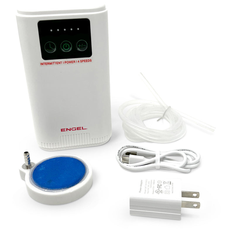 A white Engel Coolers device with a blue cord and a rechargeable Engel Extra Large Lithium-ion Rechargeable Live Bait Aerator Pump.