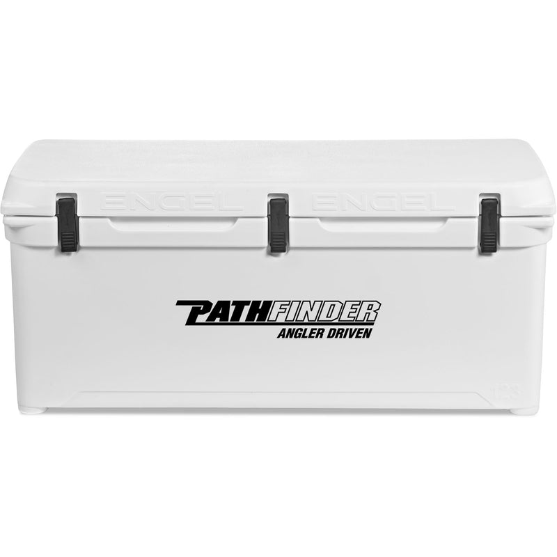 A durable white Engel Coolers roto-molded cooler with the word Pathfinder on it.
