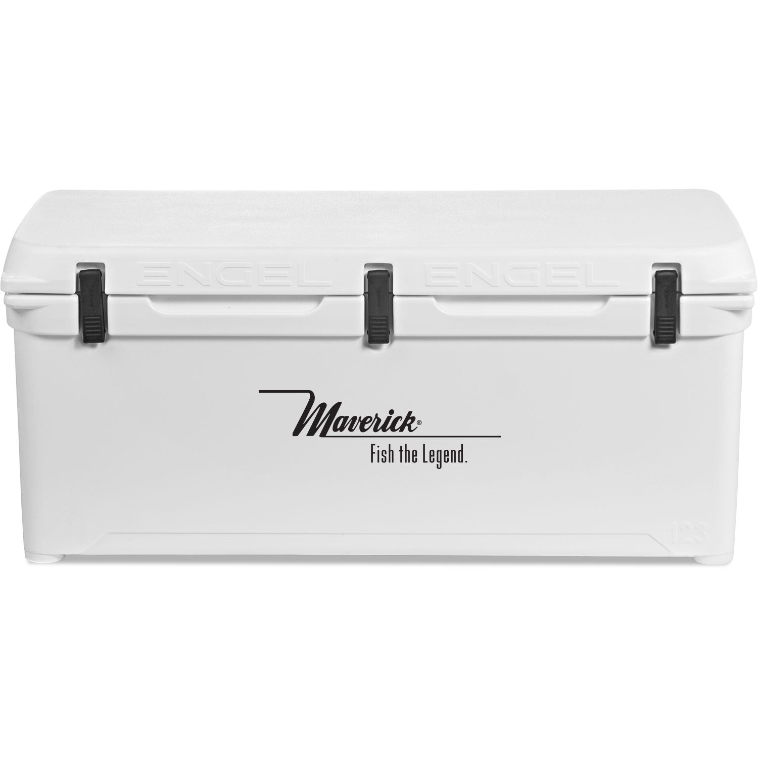 A white, roto-molded Engel 123 High Performance Hard Cooler and Ice Box with a black lid by Engel Coolers.