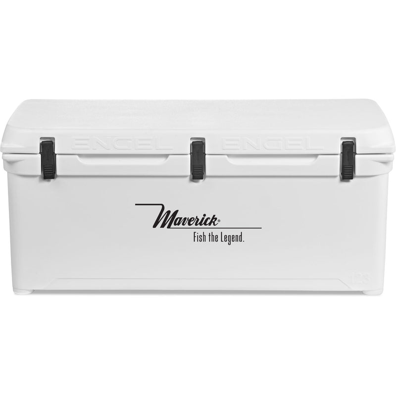 A white, roto-molded Engel 123 High Performance Hard Cooler and Ice Box with a black lid by Engel Coolers.