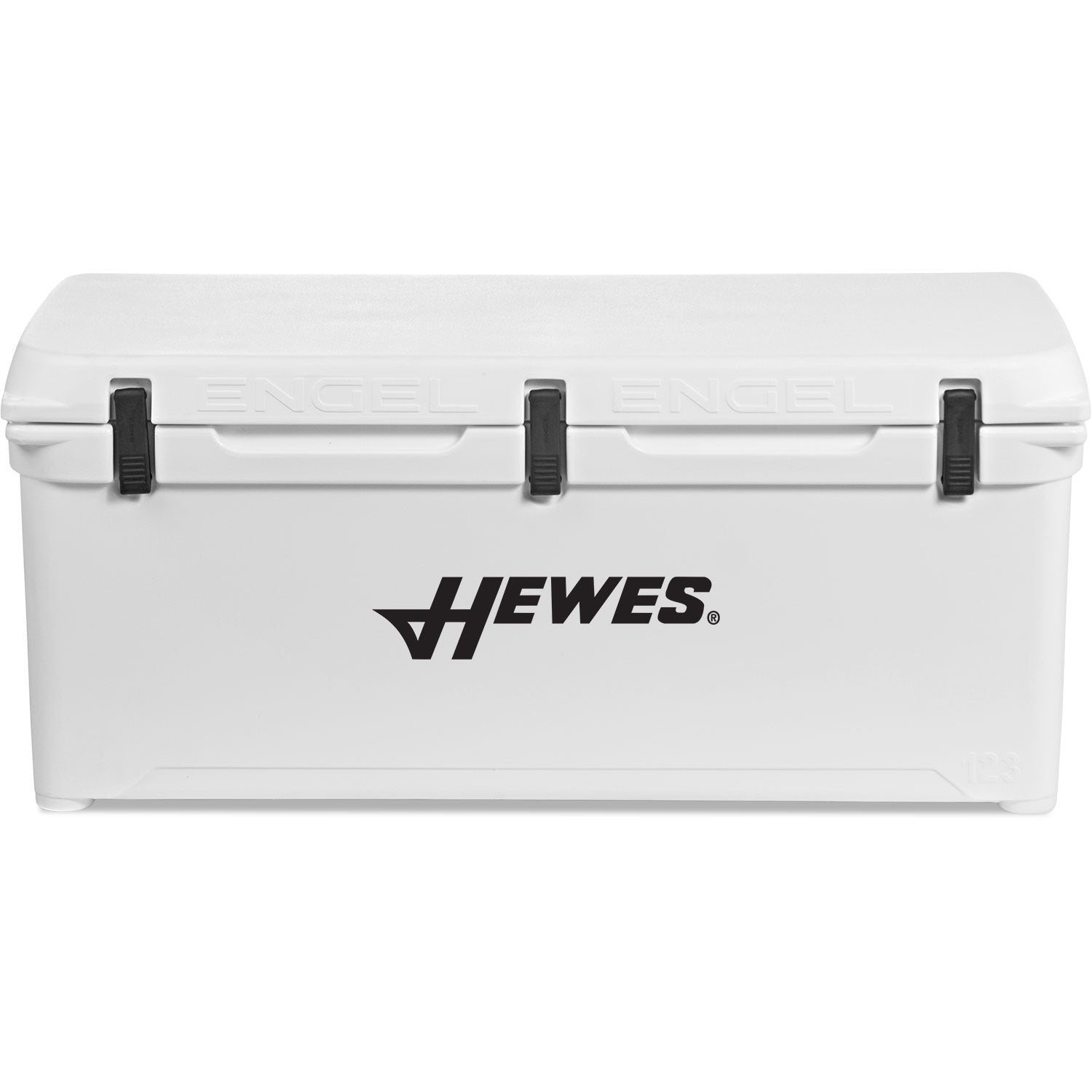 A durable, white roto-molded cooler with the word Engel Coolers on it.