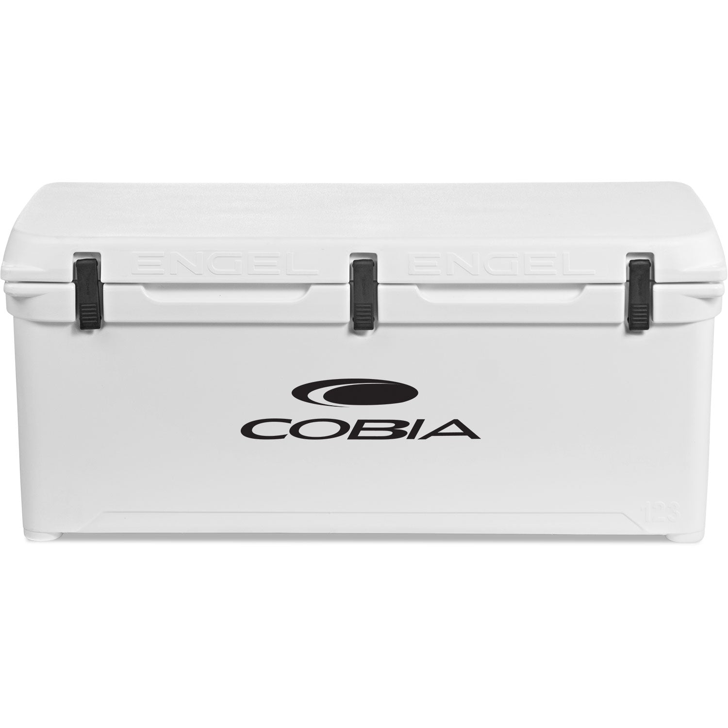 A durable, roto-molded white cooler with the Engel Coolers logo on it.