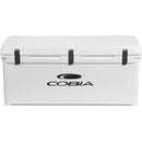 A durable, roto-molded white cooler with the Engel Coolers logo on it.