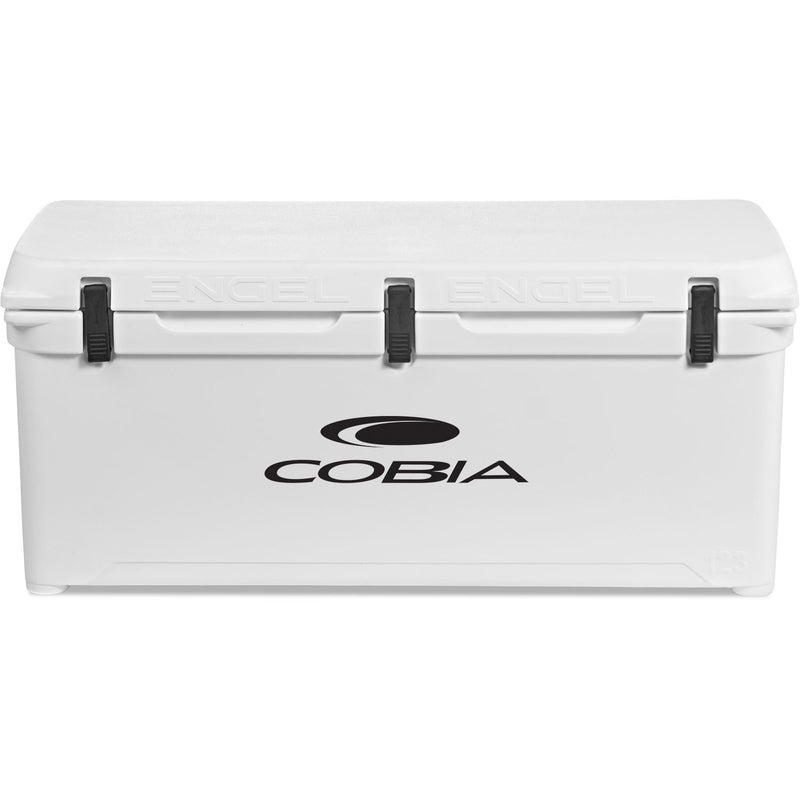 A durable, roto-molded white cooler with the Engel Coolers logo on it.