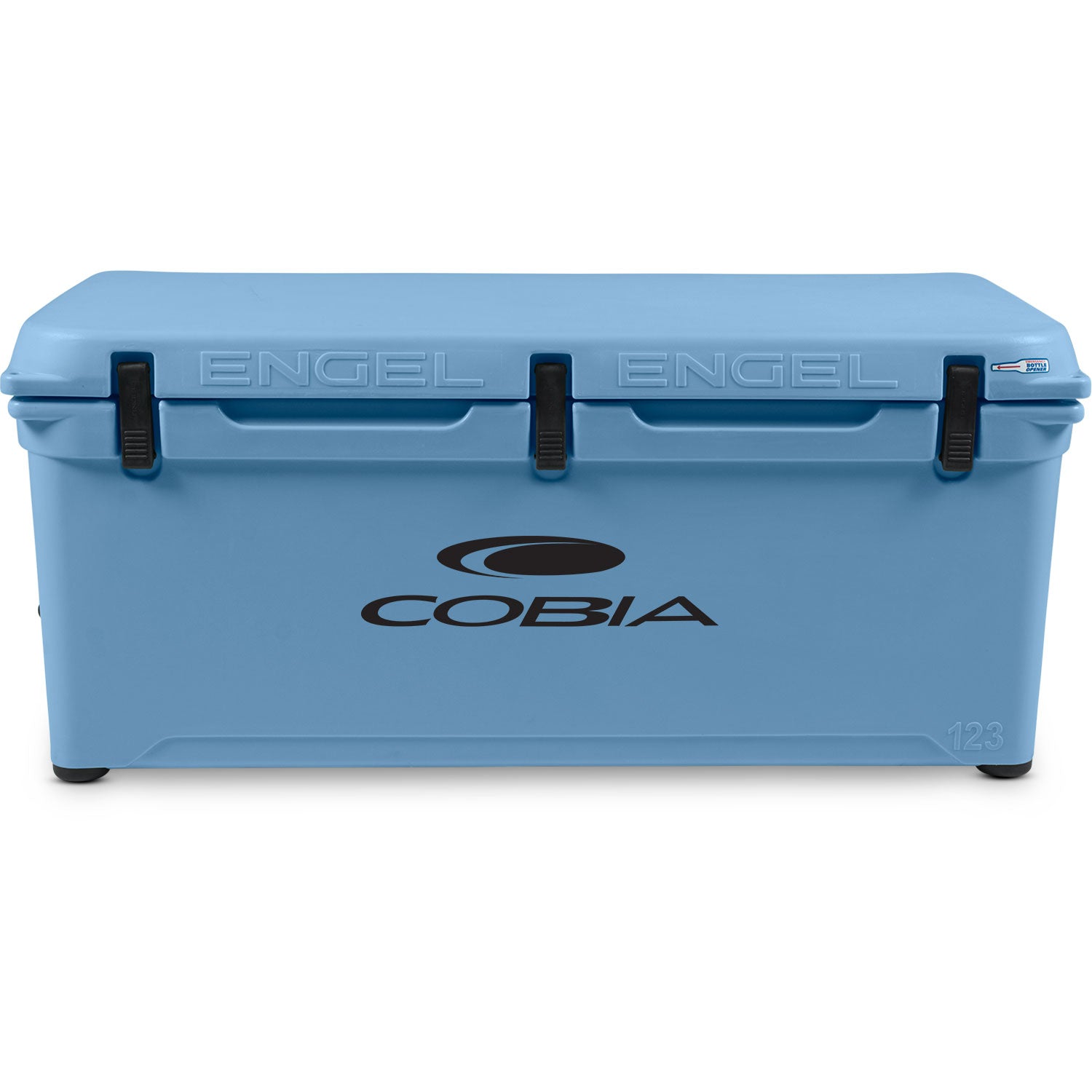 A blue Engel Coolers roto-molded cooler with the Cobia logo on it.