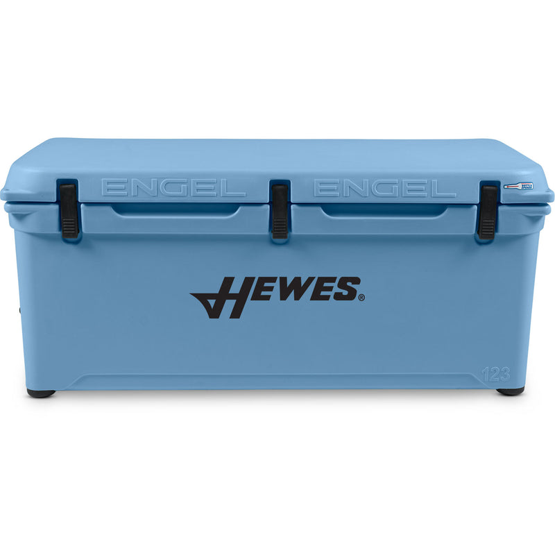 A durable, blue, roto-molded Engel 123 High Performance Hard Cooler and Ice Box - MBG with the words "hewes" on it.