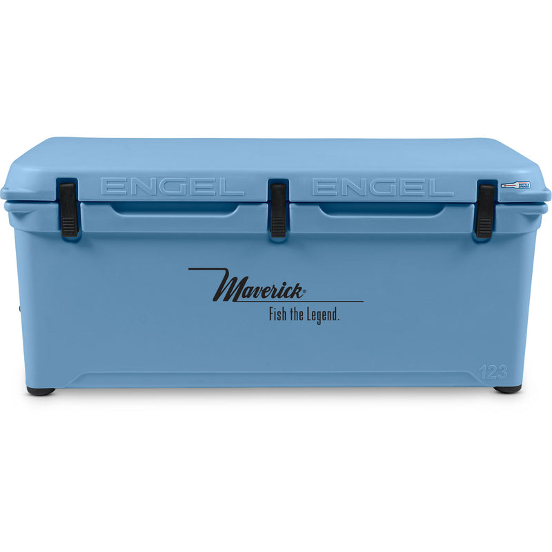 A durable, blue Engel Coolers roto-molded cooler with the word angel on it.