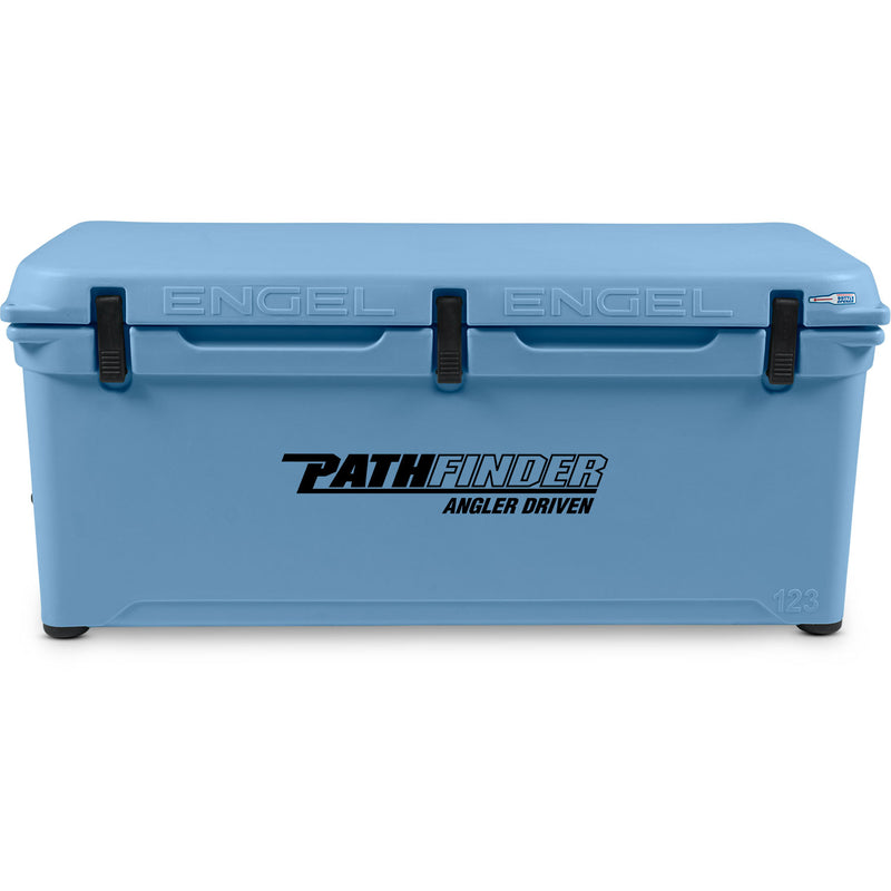 A blue Engel Coolers 123 High Performance Hard Cooler and Ice Box with the word "pathfinder" on it.