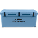 A blue Engel Coolers roto-molded cooler with the Cobia logo on it.
