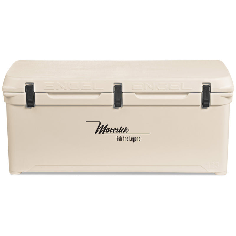 A beige, Engel Coolers 123 High Performance Hard Cooler and Ice Box - MBG with a black lid.