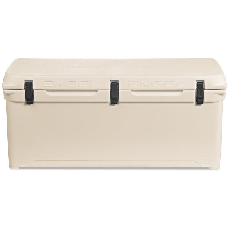 A high-performance, beige Engel Coolers 123 Hard Cooler and Ice Box on a white background.