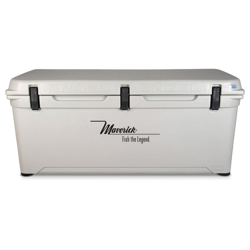 A white, roto-molded cooler with the word Engel Coolers on it.