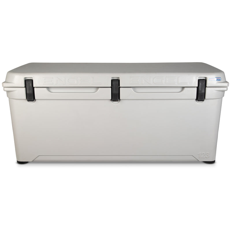 A white Engel 123 High Performance Hard Cooler and Ice Box on a white background.