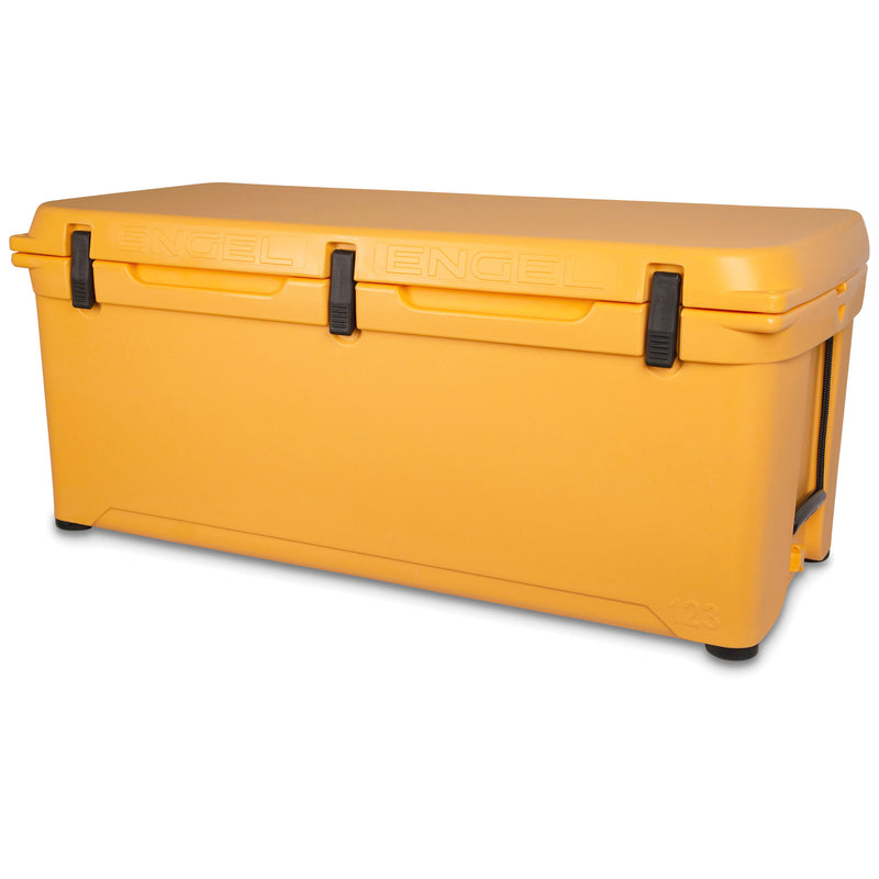 A yellow Engel Coolers 123 High Performance Hard Cooler and Ice Box on a white background.