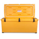 A yellow Engel Coolers 123 High Performance Hard Cooler and Ice Box with a lid and handles.