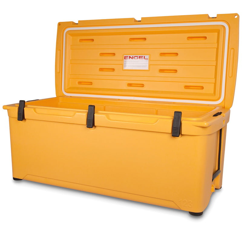 A yellow Engel 123 High Performance Hard Cooler and Ice Box with handles on it.
