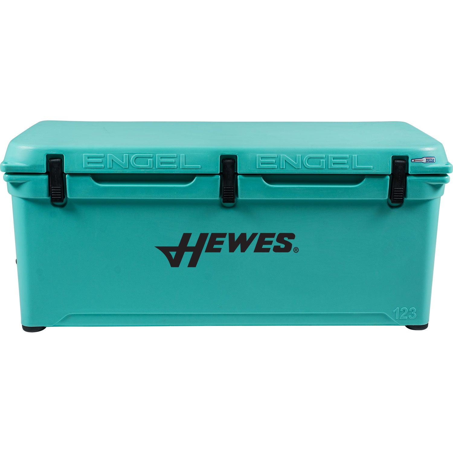 A teal, Engel Coolers roto-molded cooler with the words hewes on it, known for its durability.