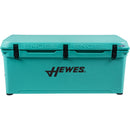 A teal, Engel Coolers roto-molded cooler with the words hewes on it, known for its durability.