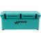A teal, Engel Coolers roto-molded cooler with the words hewes on it, known for its durability.
