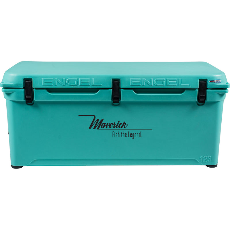 A durable, roto-molded Engel 123 High Performance Hard Cooler and Ice Box in teal with the word "angel" on it.