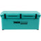 A teal, roto-molded cooler with the words "Engel Coolers" on it, known for its durability.