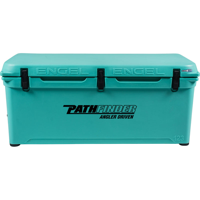 A teal, roto-molded cooler with the words "Engel Coolers" on it, known for its durability.