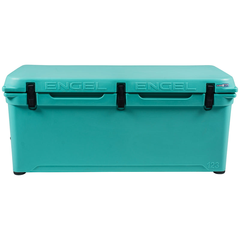 A high-performance Engel Coolers teal cooler with black handles.