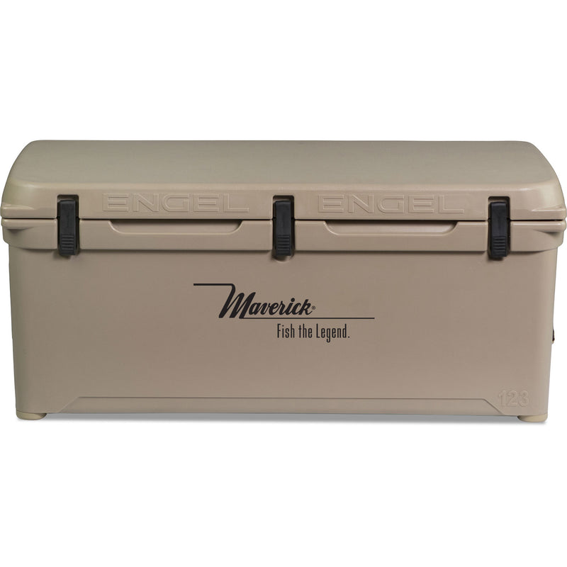 A durable, tan Engel 123 High Performance Hard Cooler and Ice Box - MBG with the word England on it.