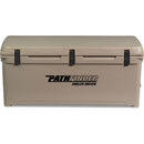 A durable, tan Engel Coolers roto-molded cooler with the words "Pathfinder" on it.