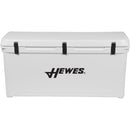 A durable, white Engel Coolers 165 High Performance Hard Cooler and Ice Box with the Hewes logo on it.