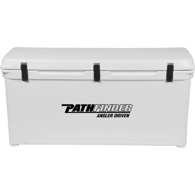 A durable, white rotomolded cooler with the Engel Coolers logo on it.