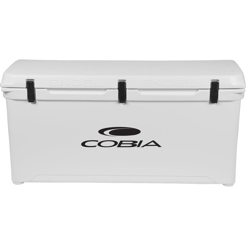 A durable, rotomolded white cooler with the Engel Coolers logo on it.
