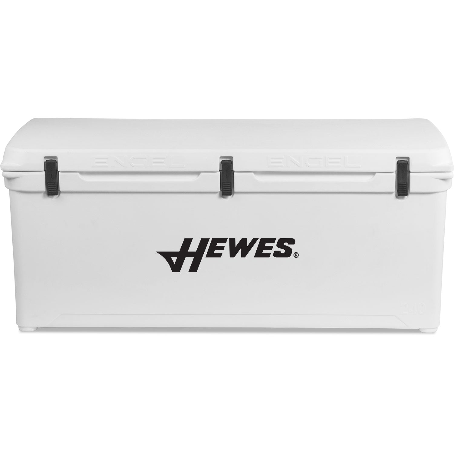 A white Engel 240 High Performance Hard Cooler and Ice Box with the Engel Coolers logo on it, known for its durability.