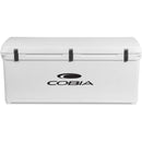 A white Engel 240 High Performance Hard Cooler and Ice Box with the Cobia logo on it, known for its durability.