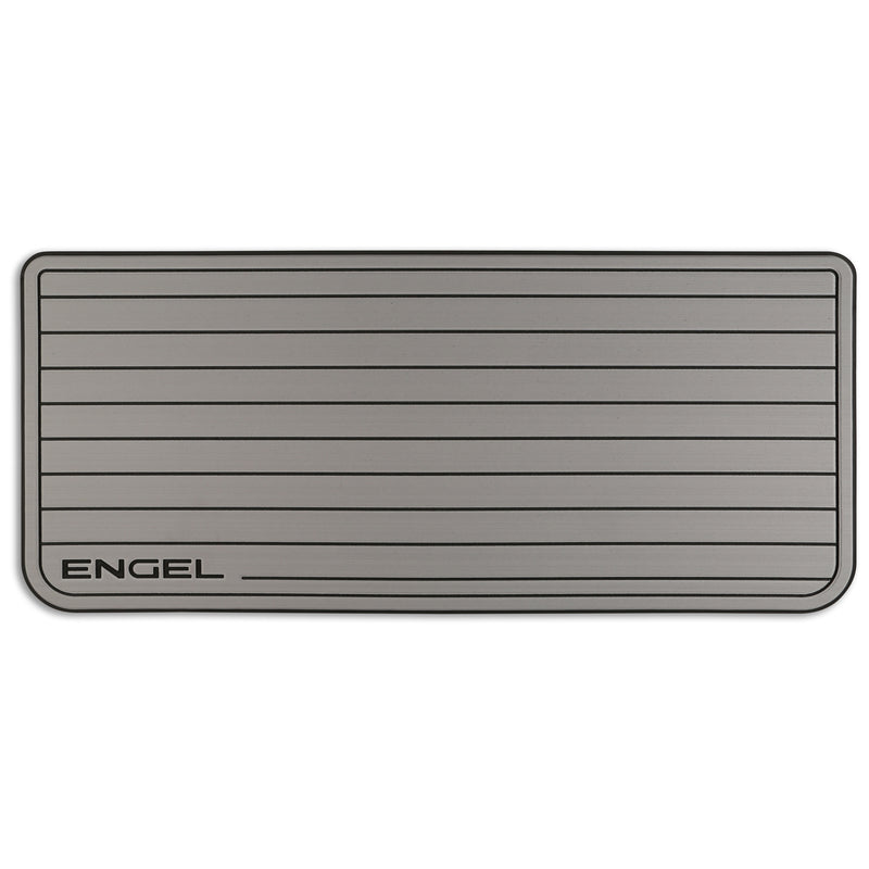 A gray SeaDek® Grey Teak Pattern Non-Slip Marine Cooler Topper with the word Engel on it, designed for marine environments by Engel Coolers.