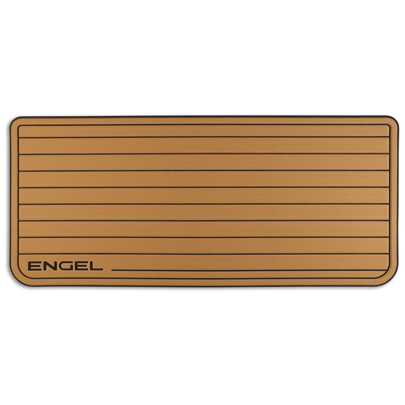 A rectangular brown SeaDek® Tan Teak Pattern Non-Slip Marine Cooler Topper with black lines by Engel Coolers.