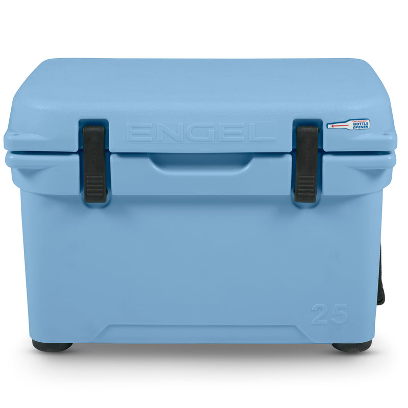 A durable, Engel Coolers 25 High Performance Hard Cooler and Ice Box with black handles and wheels.
