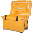 A durable, yellow Engel Coolers 25 High Performance Hard Cooler and Ice Box on a white background.