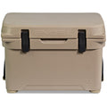 A durable, tan Engel Coolers 25 High Performance Hard Cooler and Ice Box with black handles.