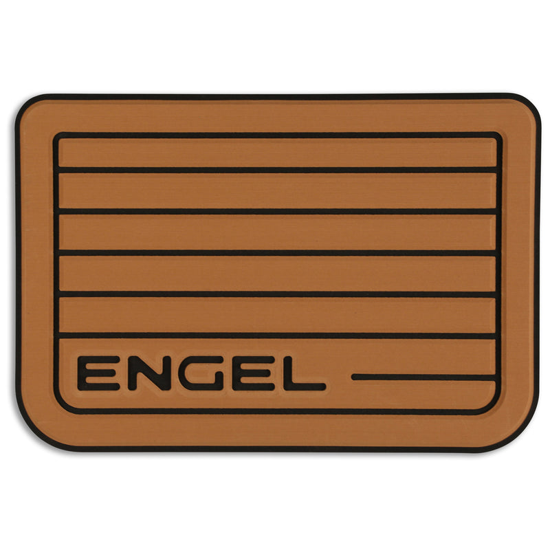 A SeaDek® Tan Teak Pattern Non-Slip Marine Cooler Topper with the word "Engel" on it, designed for the marine environment.