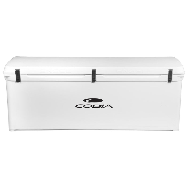 A white roto-molded cooler with the word Engel 320 High Performance Hard Cooler and Ice Box - MBG on it.