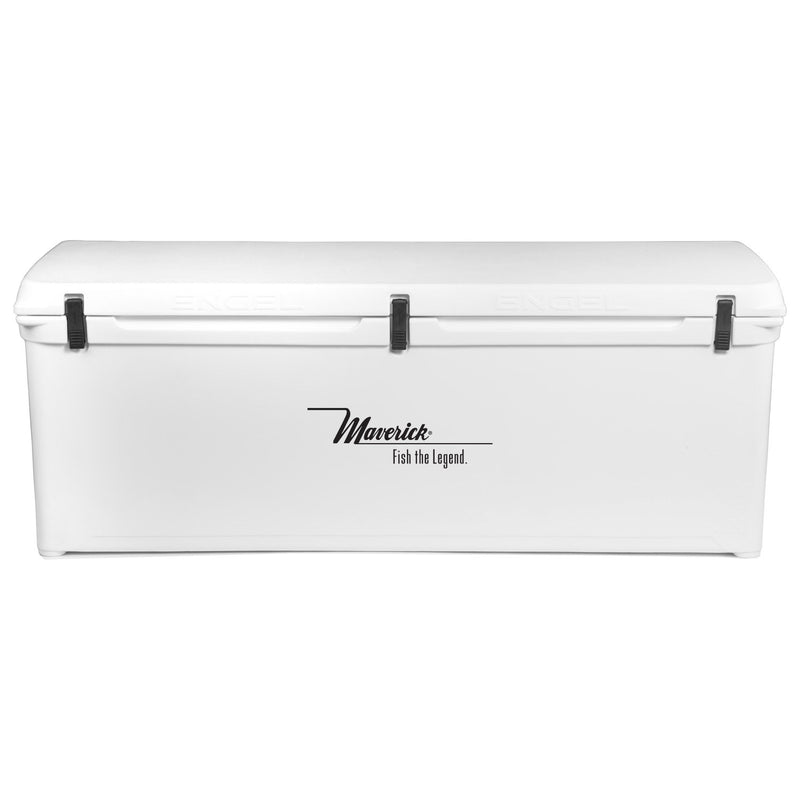 A white Engel 320 High Performance Hard Cooler and Ice Box with the word mercer on it.