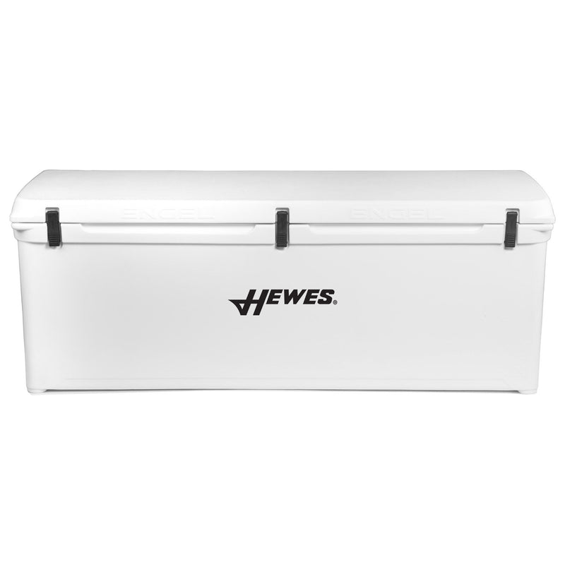 A white roto-molded cooler with the word Engel Coolers on it, known for its ice retention.