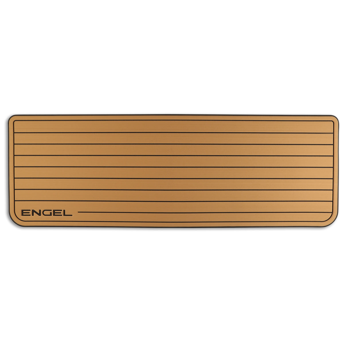 A brown Engel Coolers SeaDek® Tan Teak Pattern Non-Slip Marine Cooler Topper with the word engel on it, designed for marine environments.