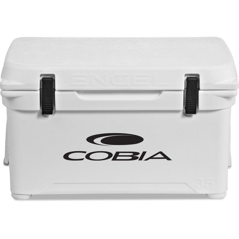 A durable white Engel 35 High Performance Hard Cooler and Ice Box with the MBG logo on it.