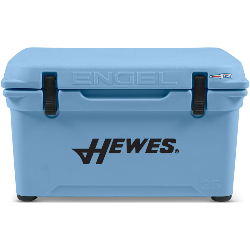 A durable blue Engel 35 High Performance Hard Cooler and Ice Box with the word Hewes on it.