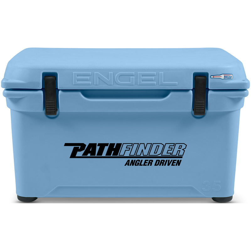 A durable blue cooler with the word Engel Coolers on it.