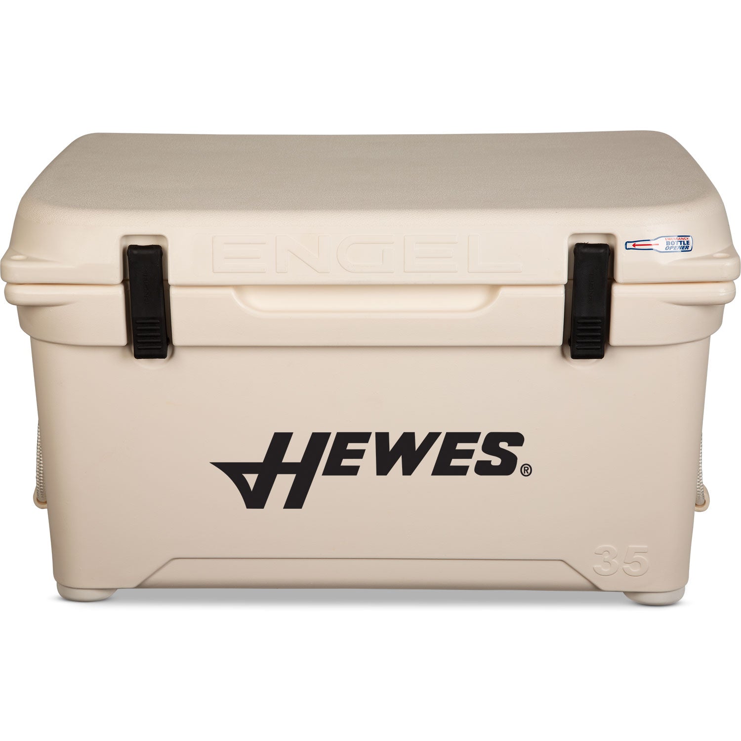 A durable beige Engel 35 High Performance Hard Cooler and Ice Box with the words Engel Coolers on it.